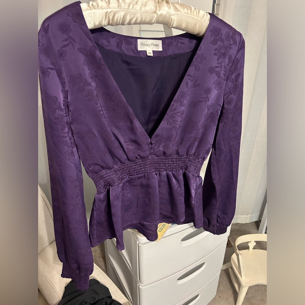 Privacy please long sleeve satin top. True purple color in extra small size